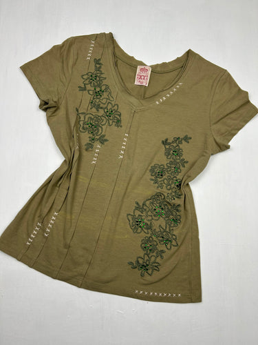 Khaki embroidered cotton tee (S/M)