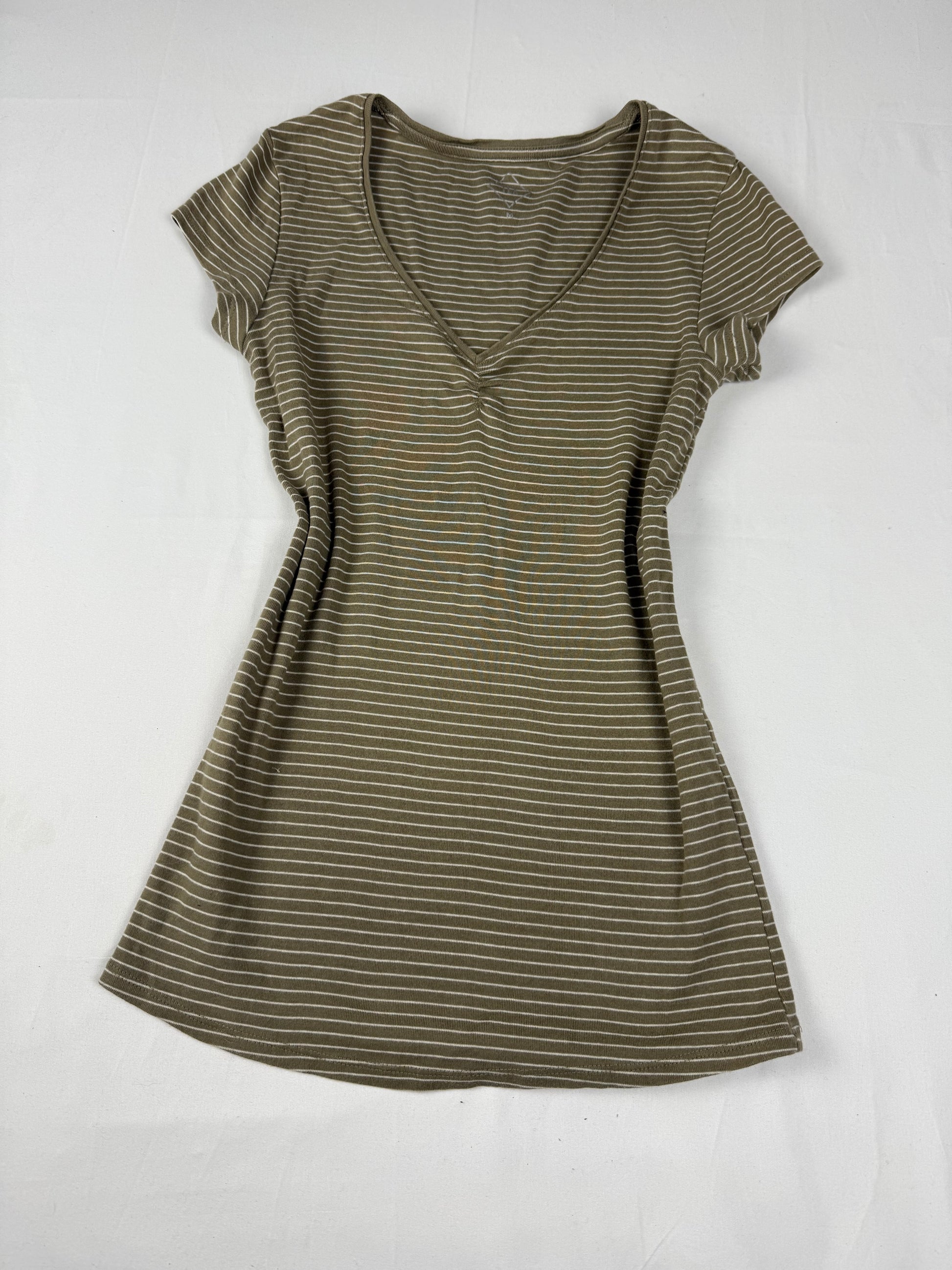 Khaki striped V neck cotton tight fit tee (M)