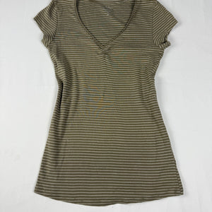Khaki striped V neck cotton tight fit tee (M)