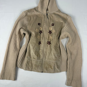 Beige zip up cotton embroidered knitted jacket (S/M)