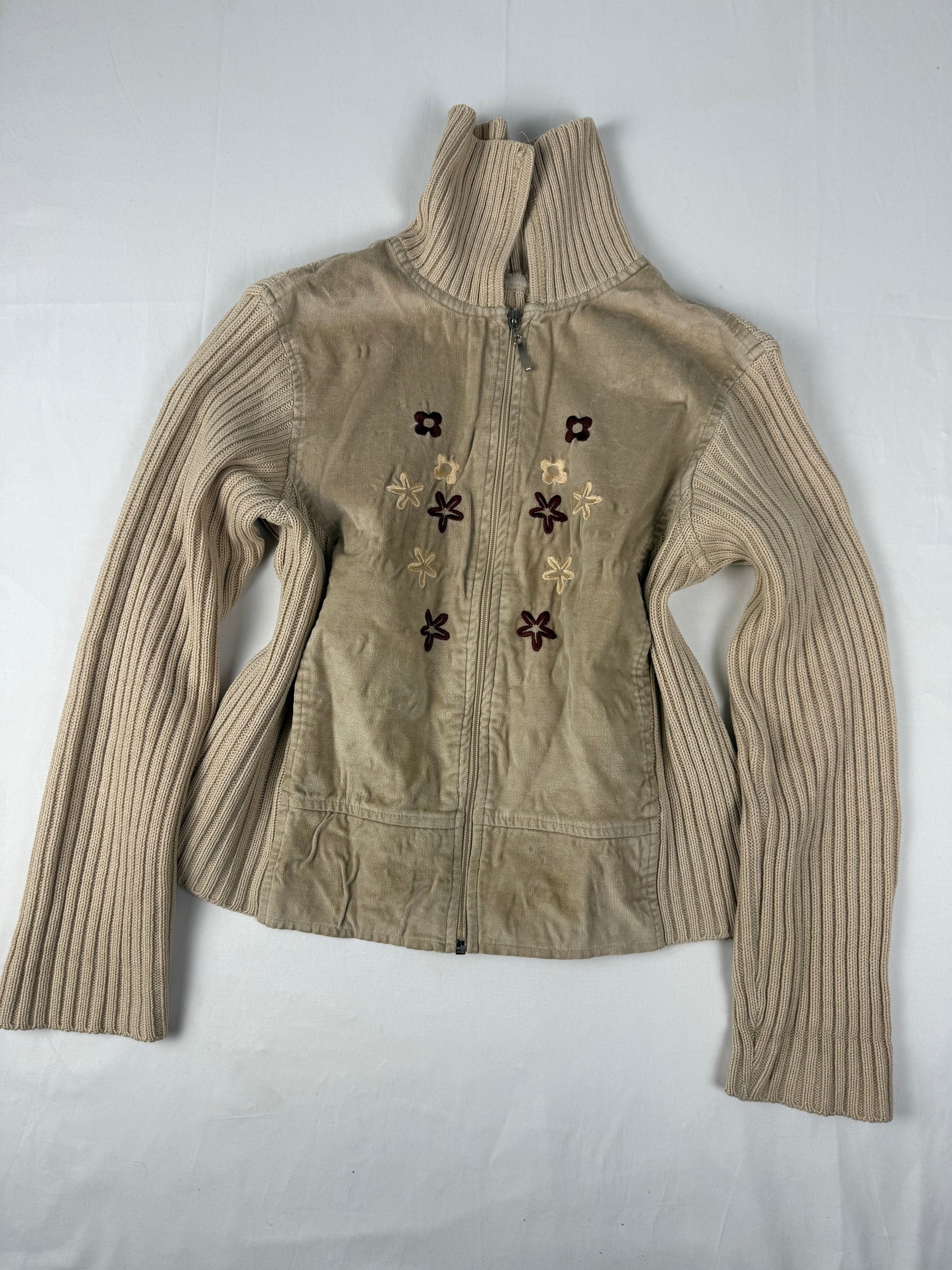 Beige zip up cotton embroidered knitted jacket (S/M)