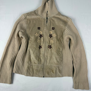 Beige zip up cotton embroidered knitted jacket (S/M)