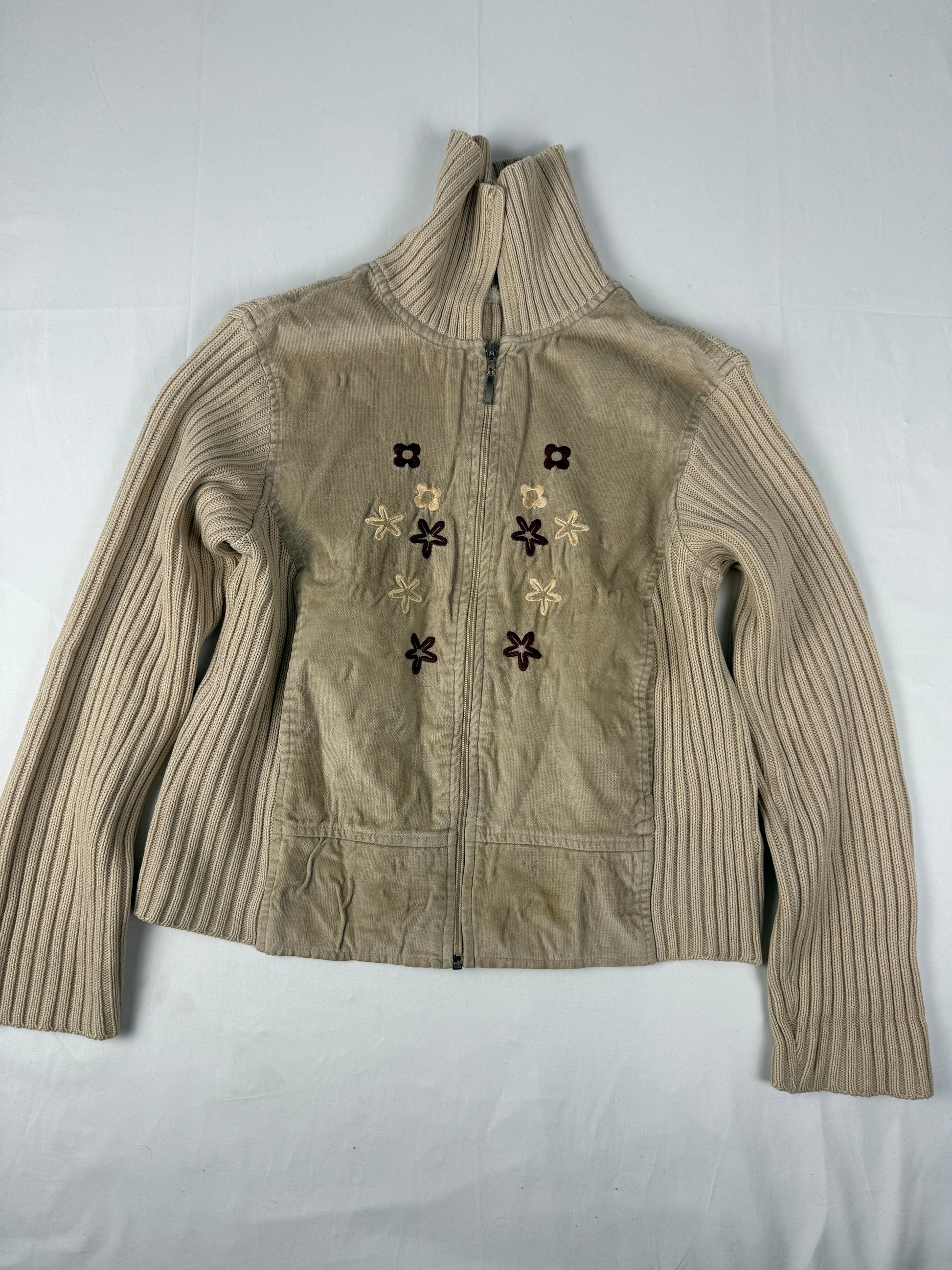 Beige zip up cotton embroidered knitted jacket (S/M)