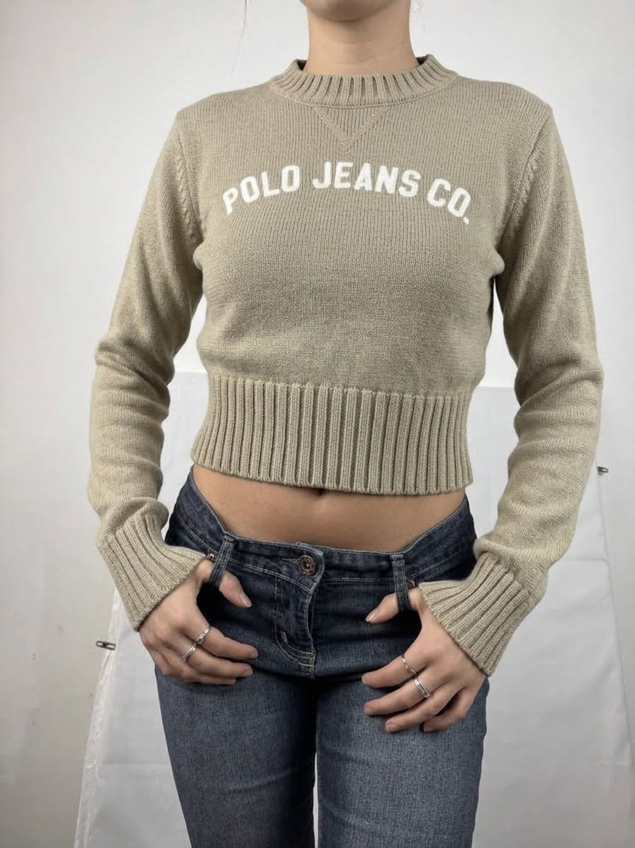 Beige round neck cotton jumper (XS)