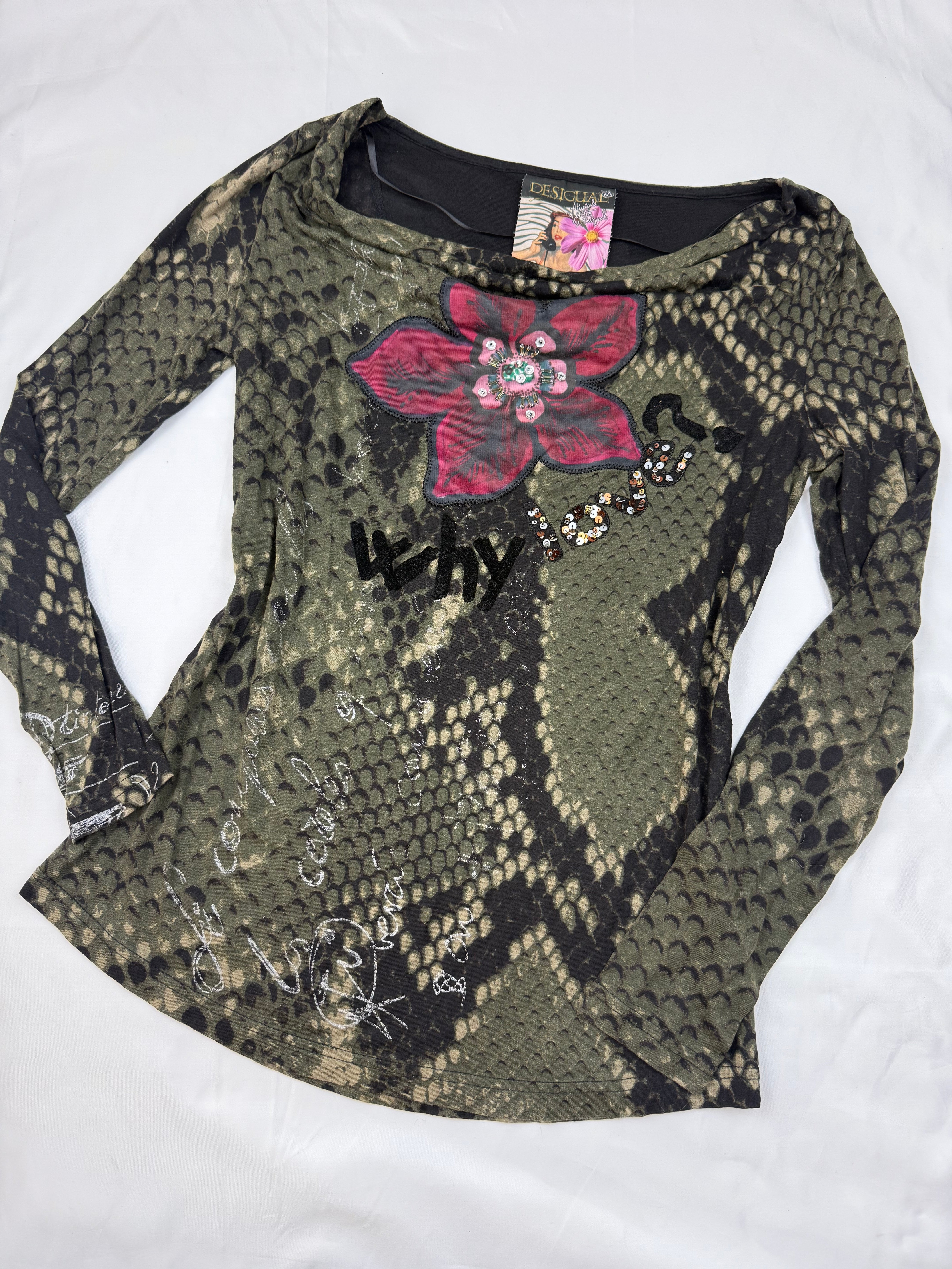 Khaki snake print long sleeves plunge neck top (S/M)