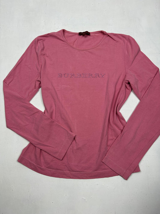 Strass spell out logo stretchy pink long sleeves top (M)