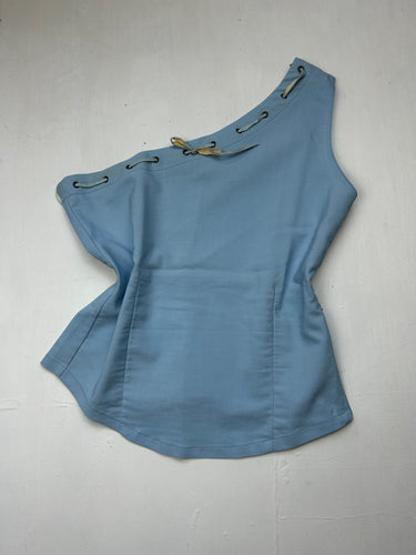 Baby blue bow asymmetric one shoulder  top (L)