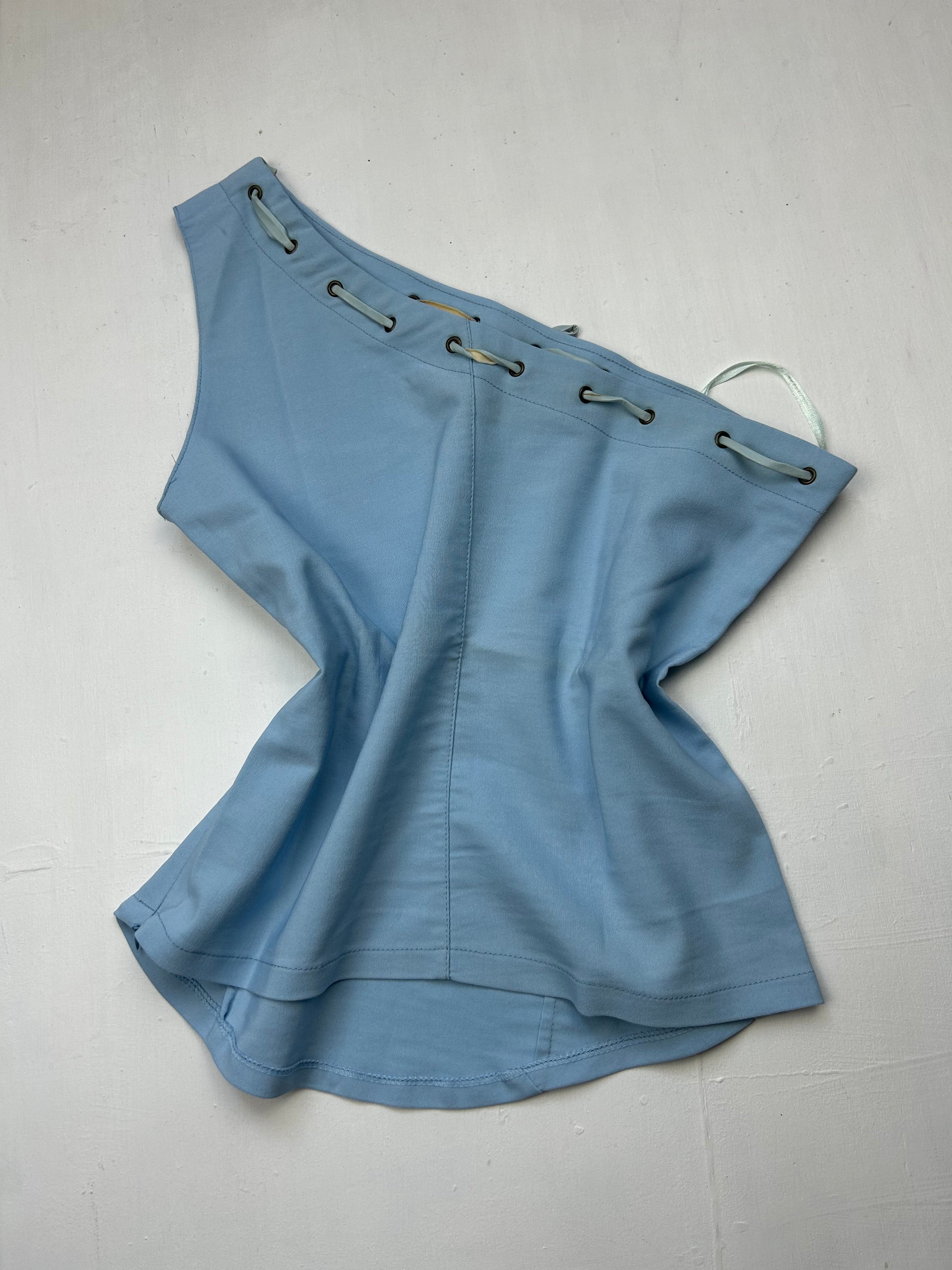 Baby blue bow asymmetric one shoulder  top (L)
