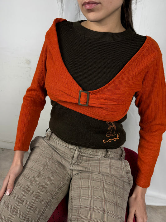 Brown & orange 2 in 1 bolero graphic jumper (XS)
