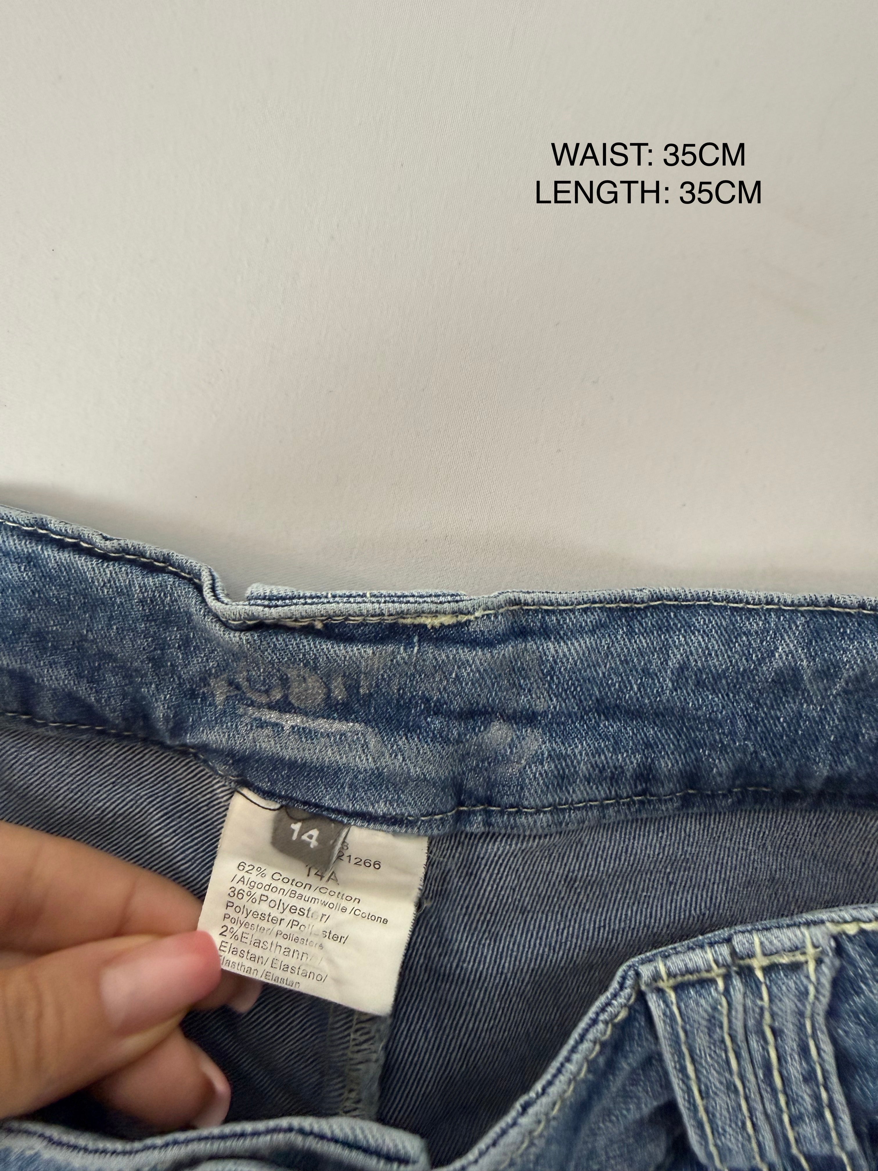 Blue denim pleated low rise mini skirt (S)