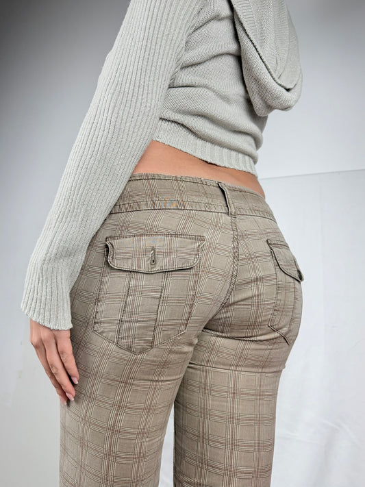Beige check print low rise straight legs pants (S)