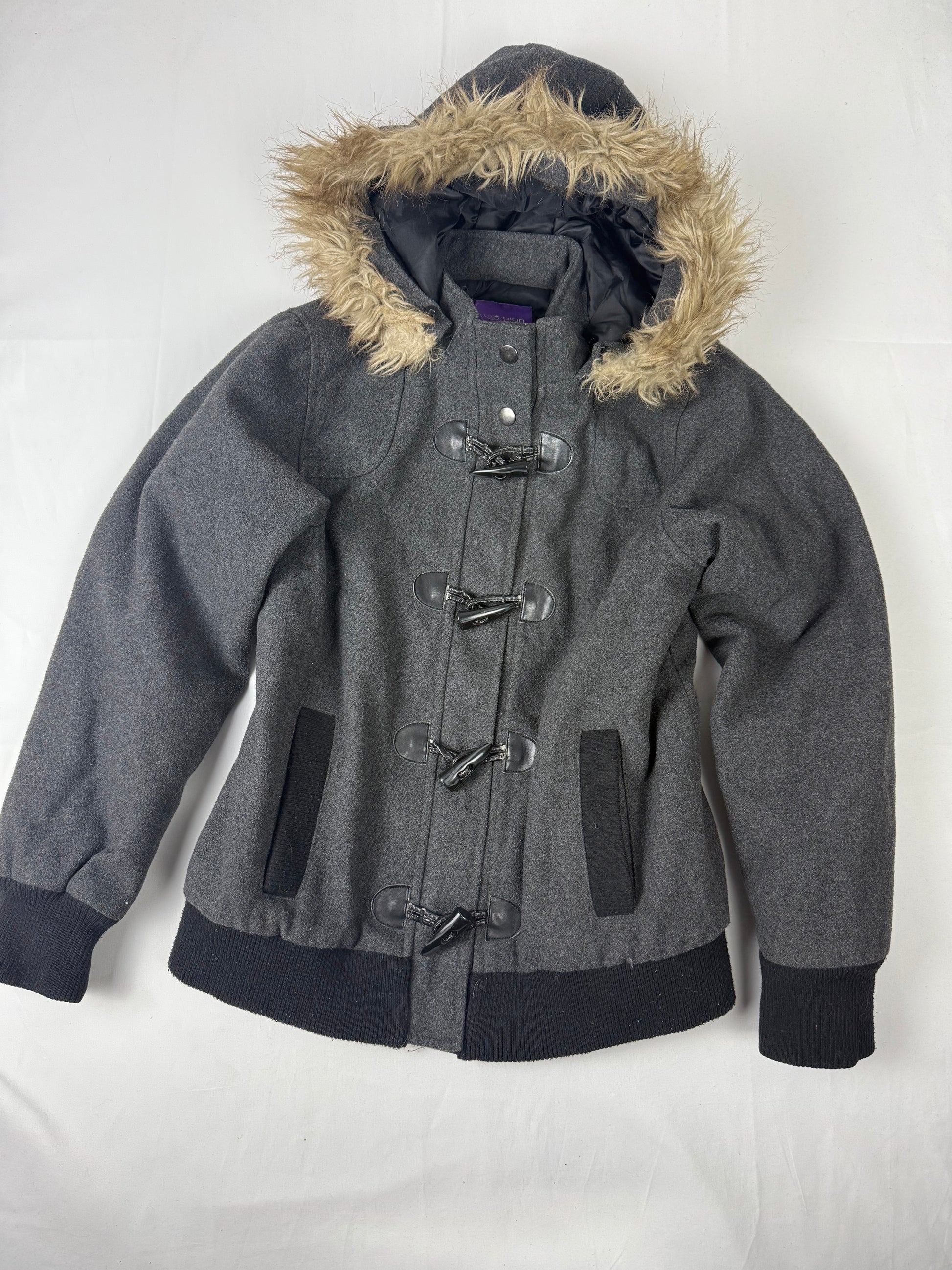Grey faux fur hooded tight fit jacket (S)