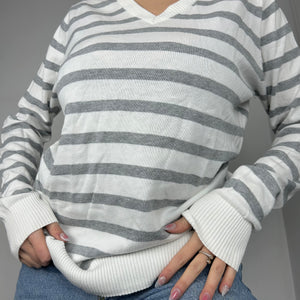 White & grey striped super soft V neck jumper (S/M)