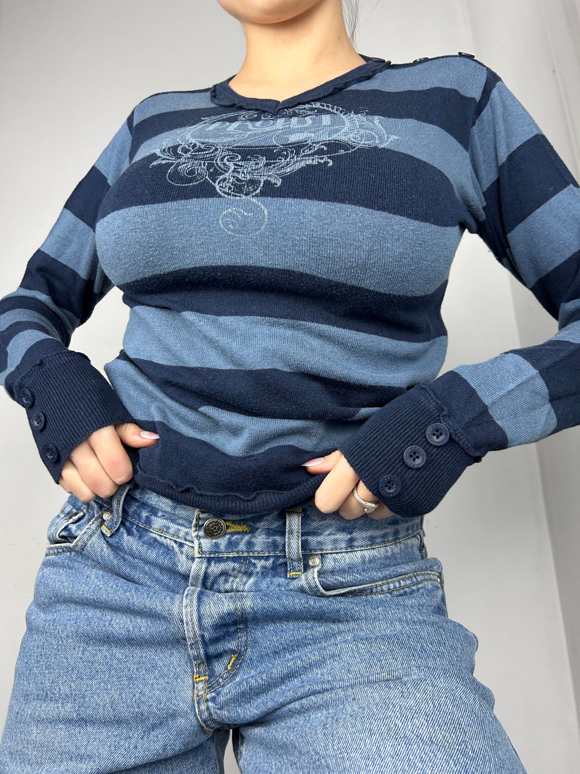 Blue striped V neck jumper (S)