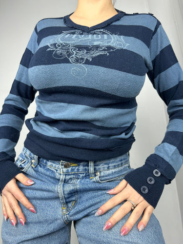 Blue striped V neck jumper (S)