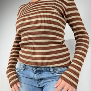 Brown striped ribbed V neck jumper (S/M)
