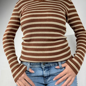 Brown striped ribbed V neck jumper (S/M)