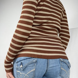 Brown striped ribbed V neck jumper (S/M)