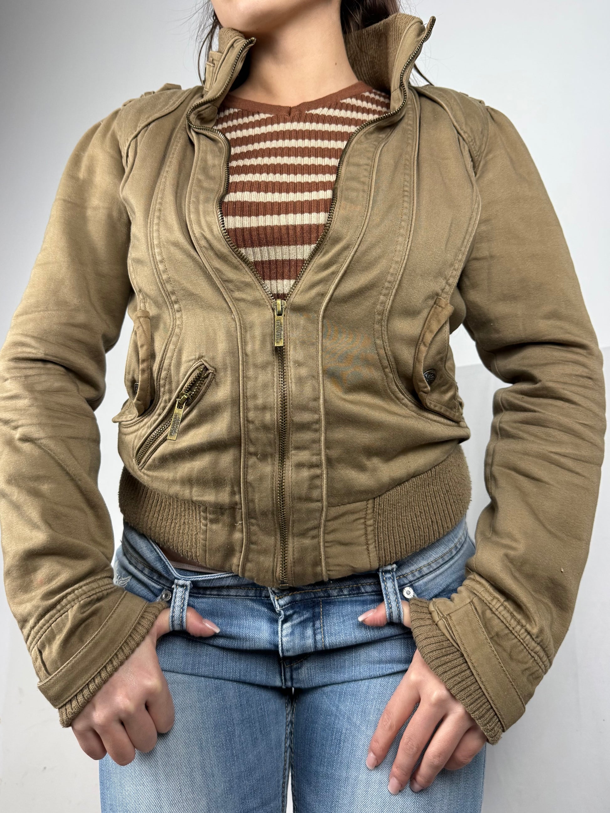 Beige cotton zip up biker jacket (M)