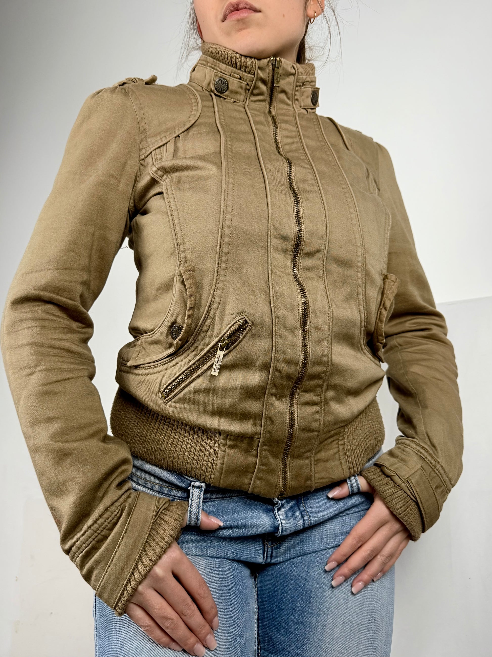 Beige cotton zip up biker jacket (M)
