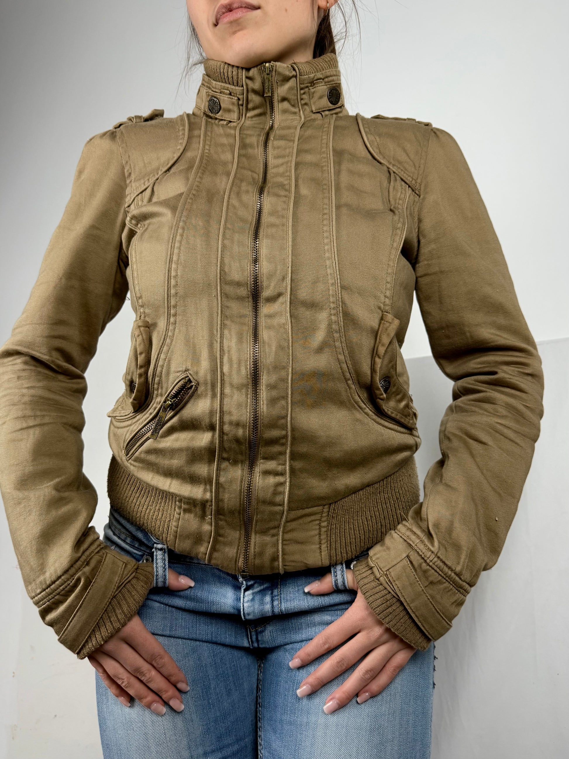 Beige cotton zip up biker jacket (M)
