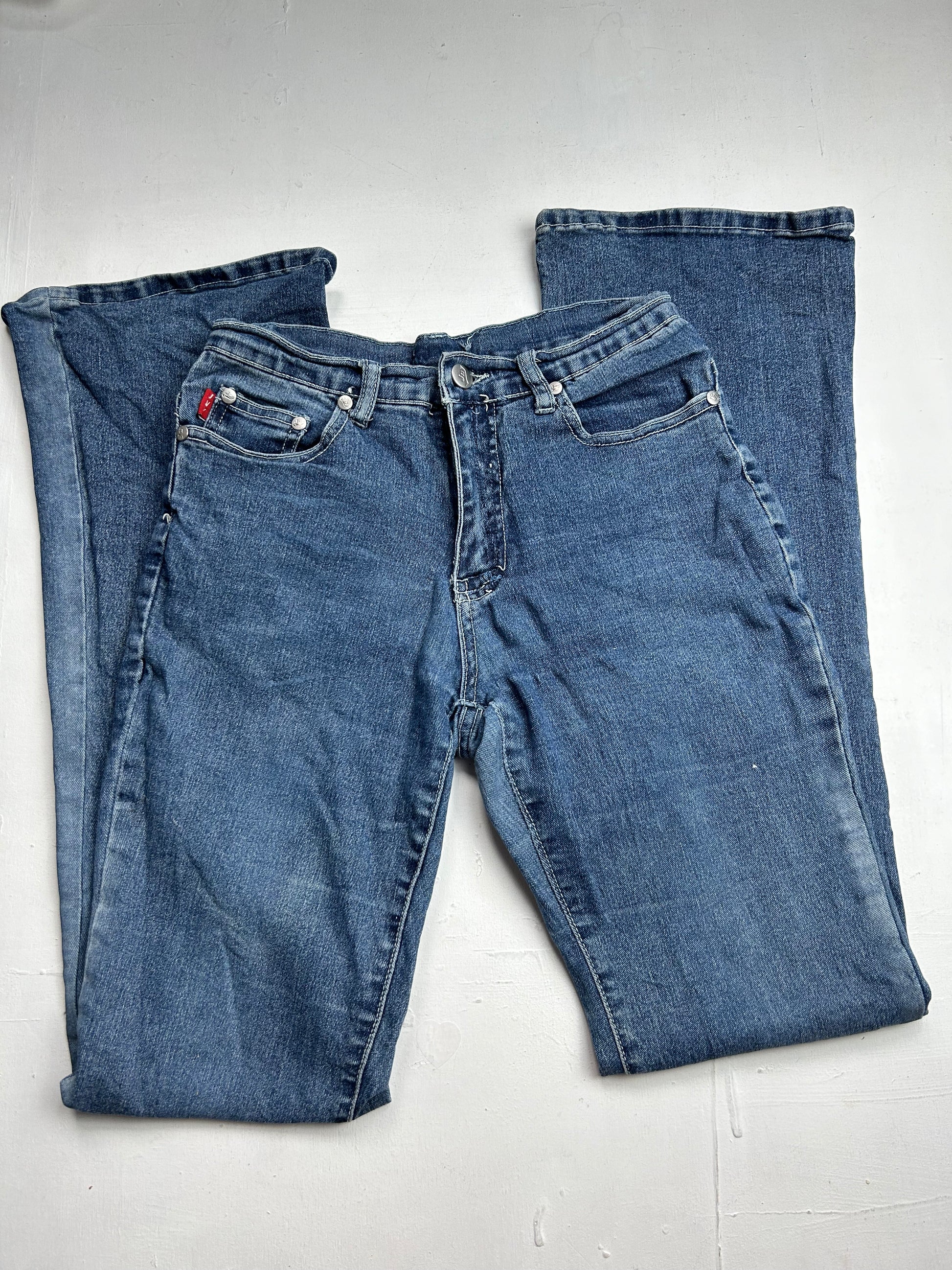 Blue denim low rise bootcut flare pants (S)