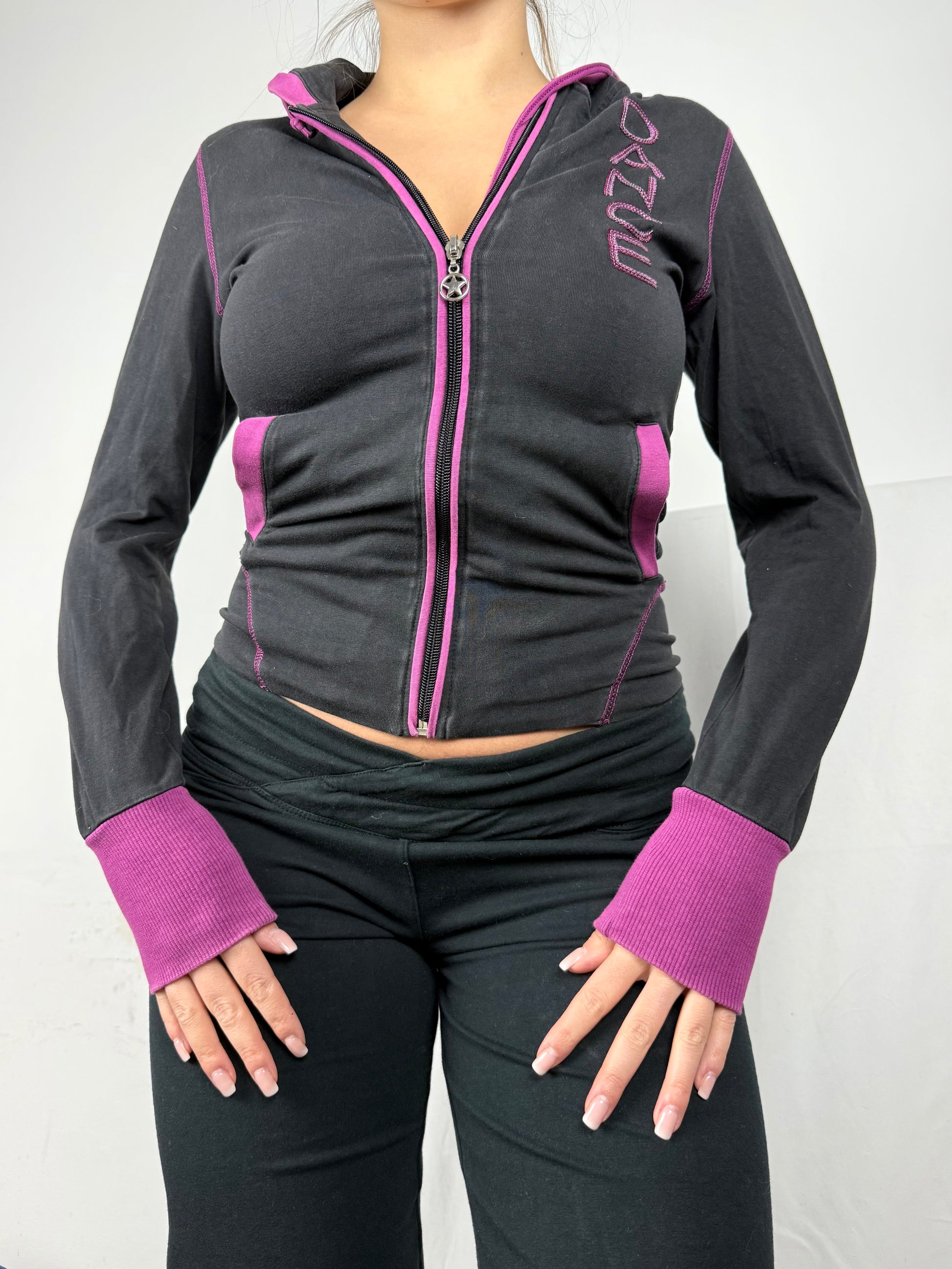Black & pink cotton zip up activewear hoodie (XS/S)