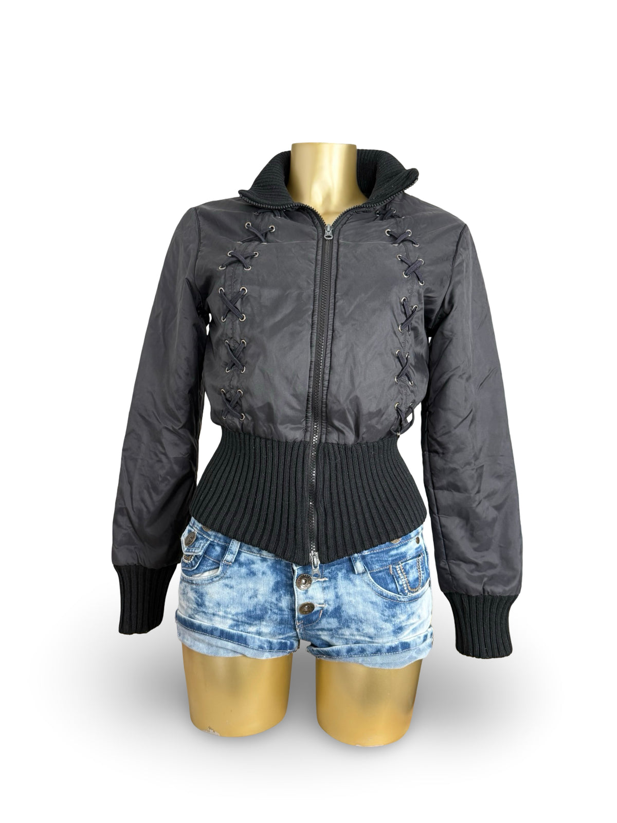 Black puffer lace up tight fit jacket (S)