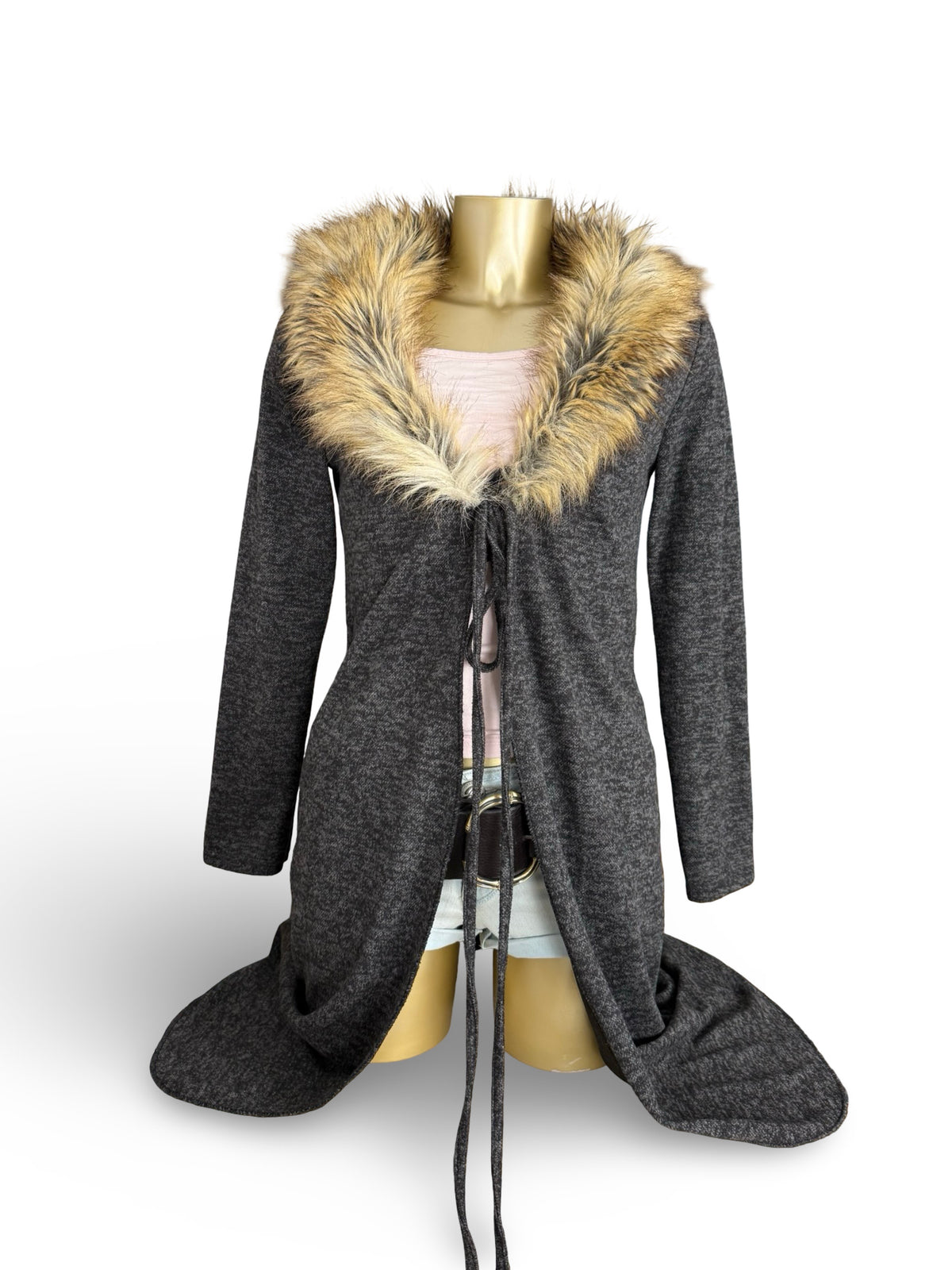 Grey faux fur neck maxi cardigan jumper (M)