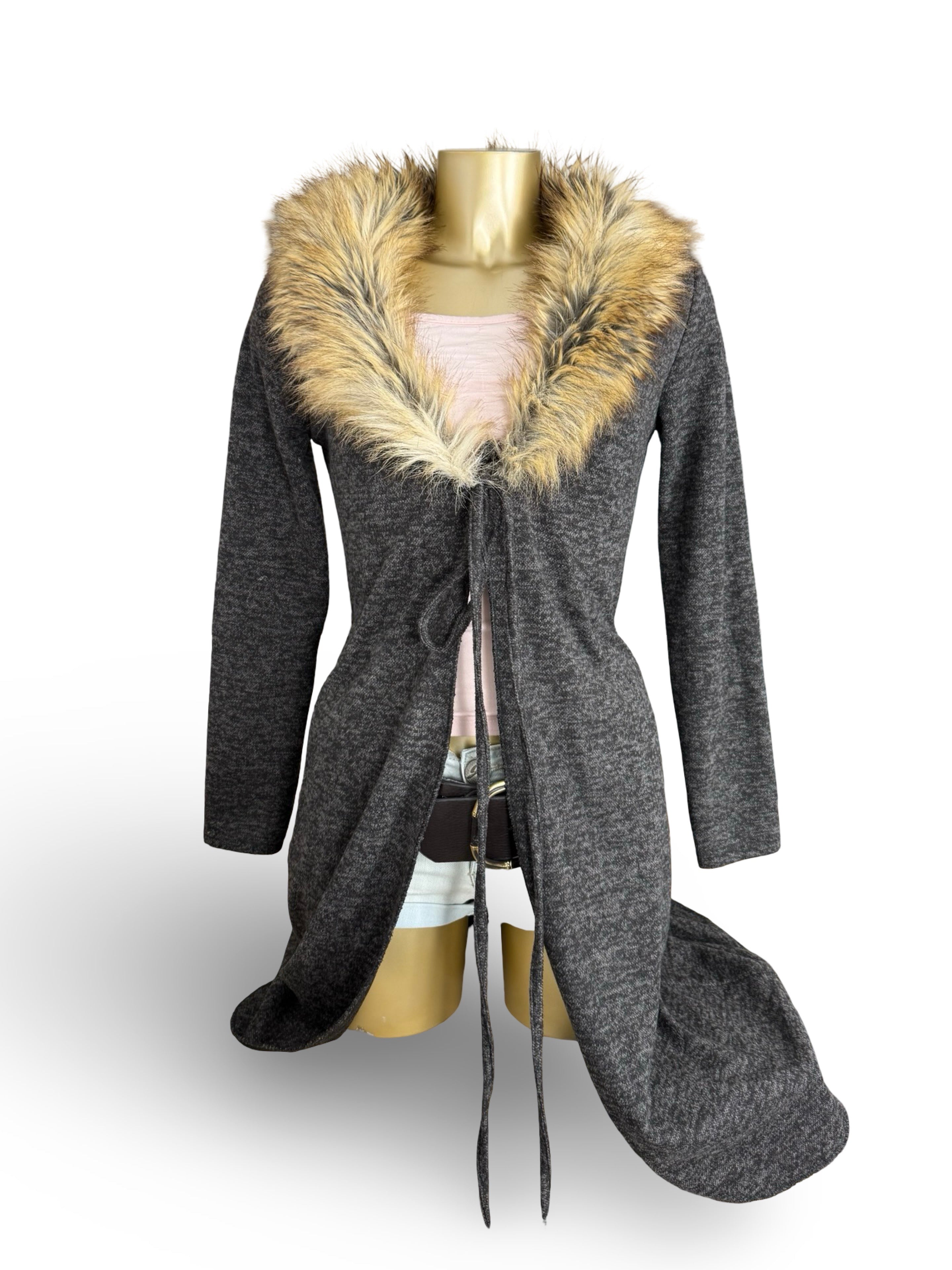 Grey faux fur neck maxi cardigan jumper (M)