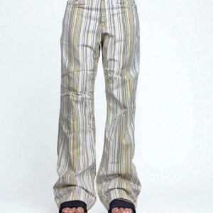 Beige mid rise striped baggy office pants (L)