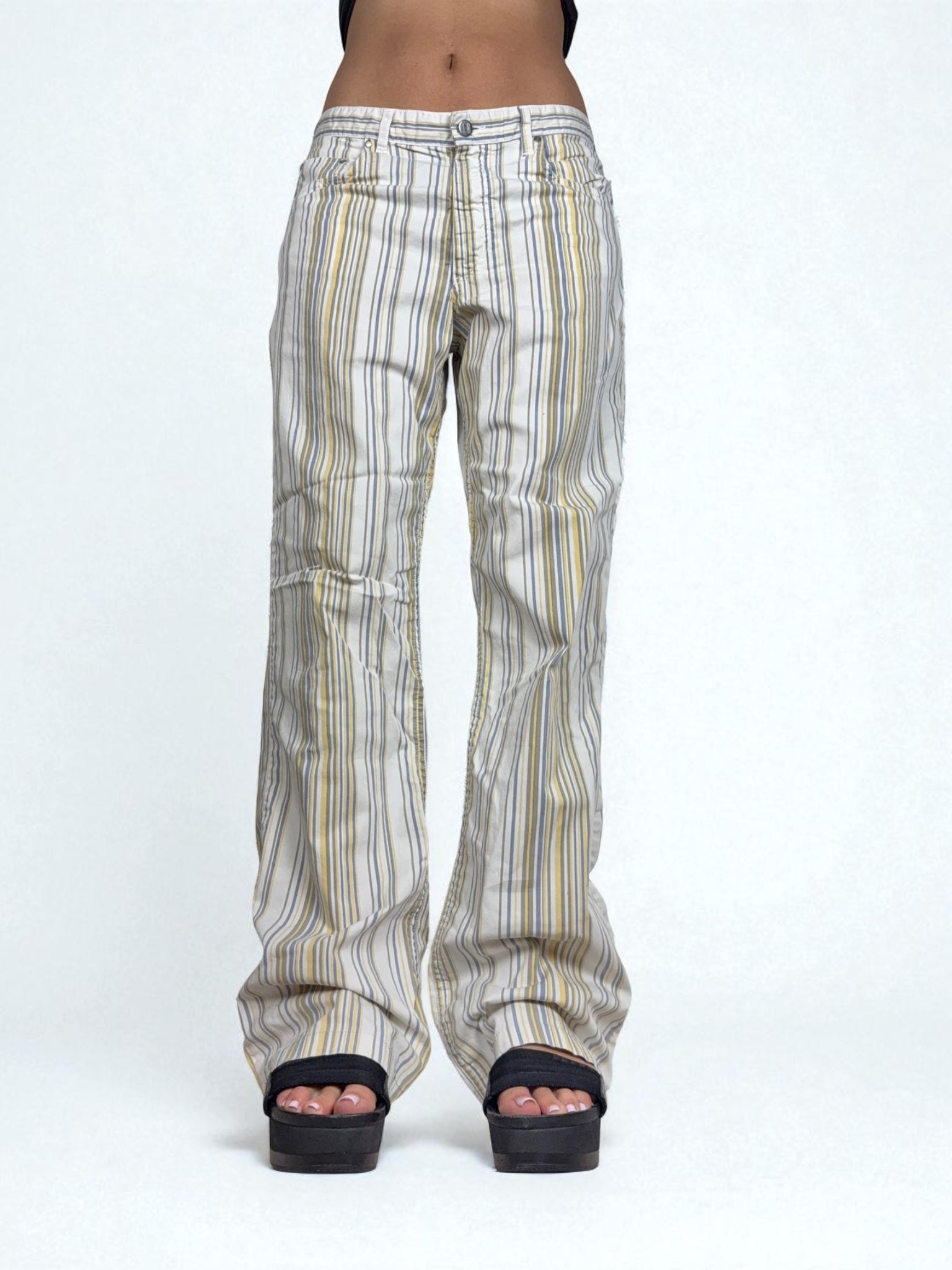 Beige mid rise striped baggy office pants (L)