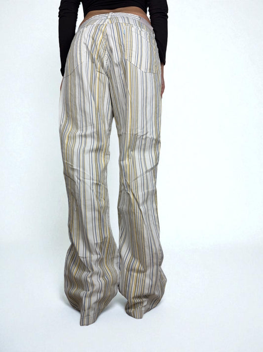 Beige mid rise striped baggy office pants (L)