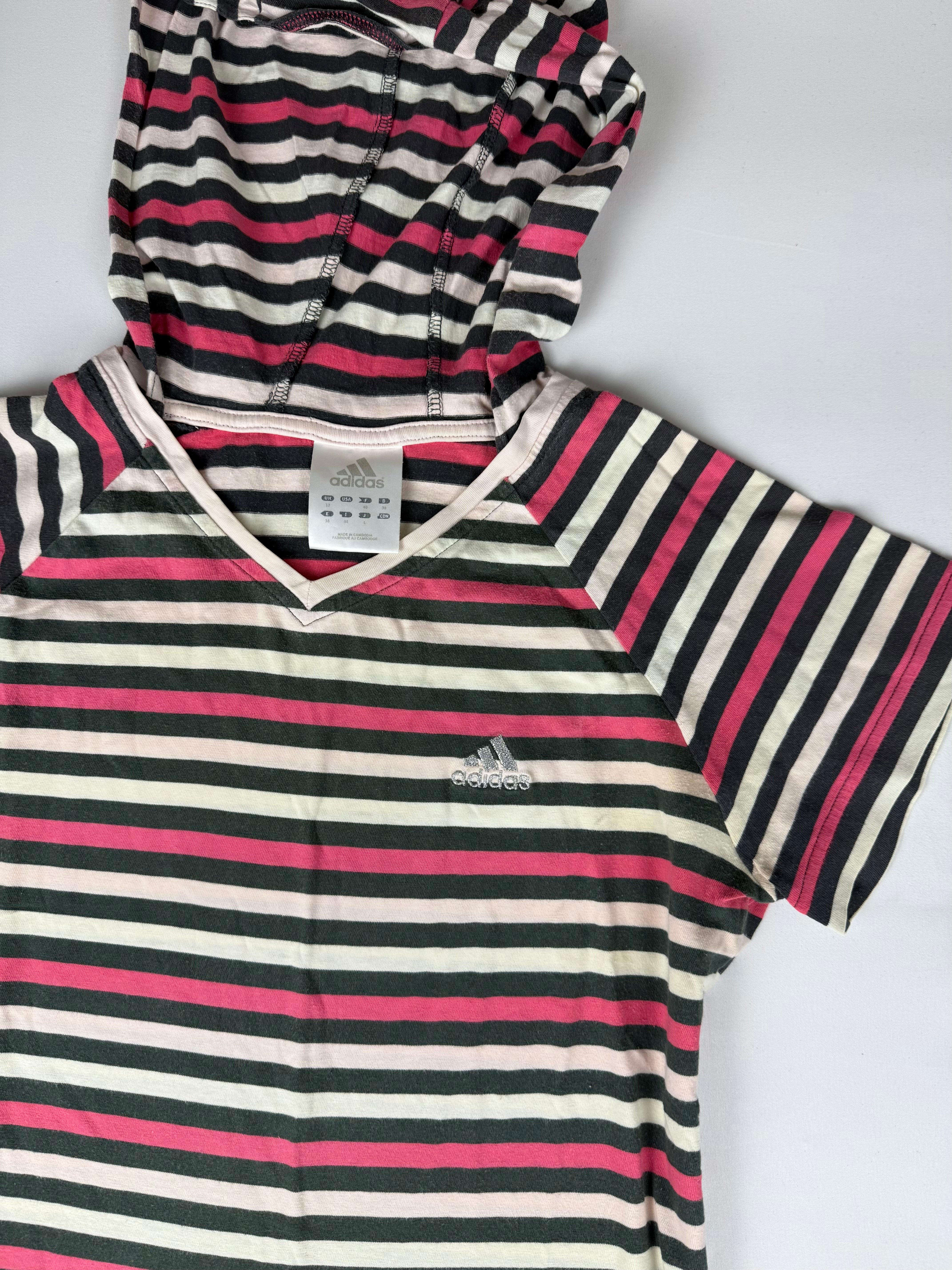 Red striped cotton hooded activewear tee (L)
