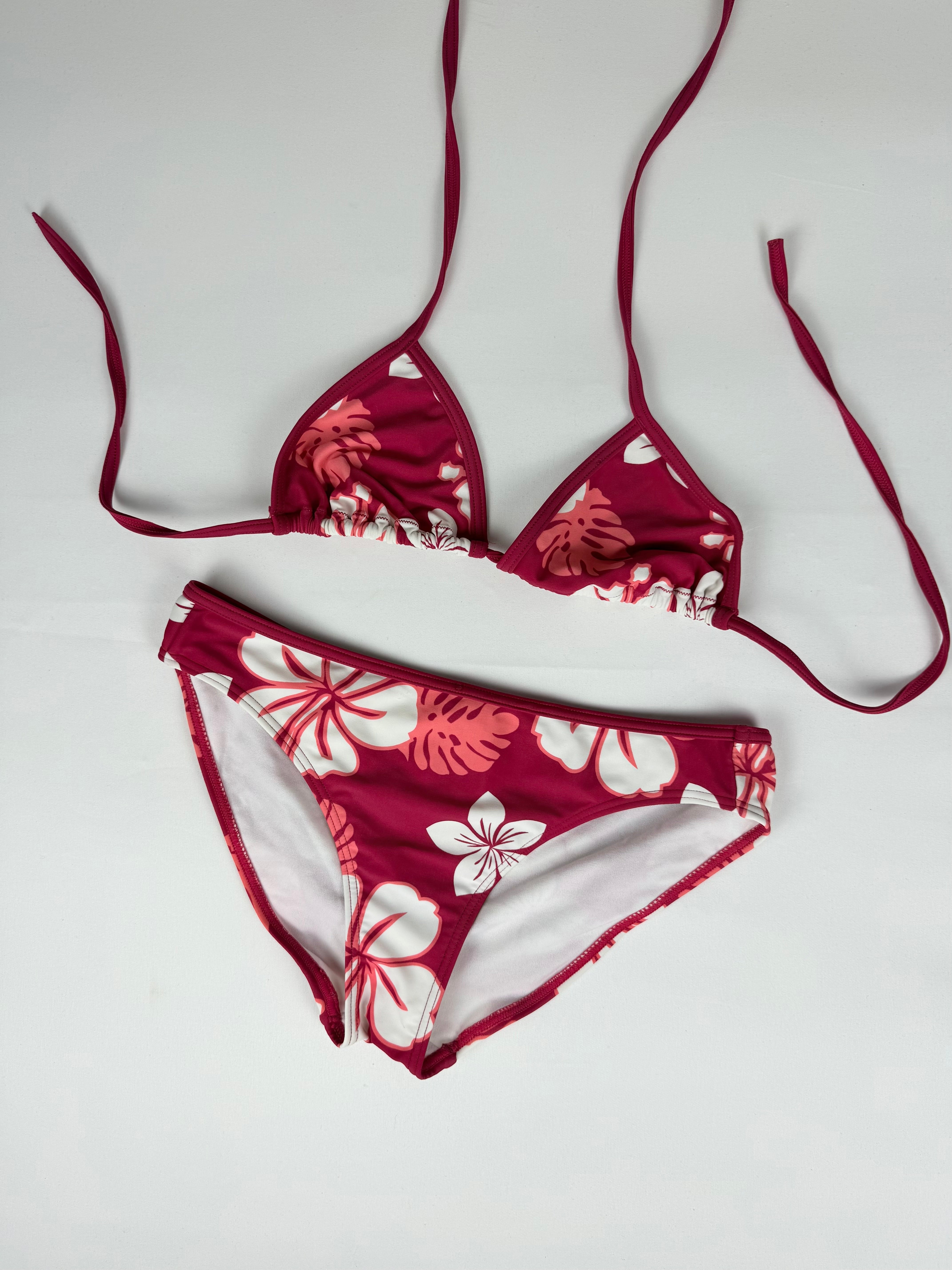 Red hibiscus floral low rise bikini set (M)