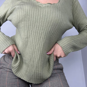 Khaki V neck ribbed jumper (M/L)
