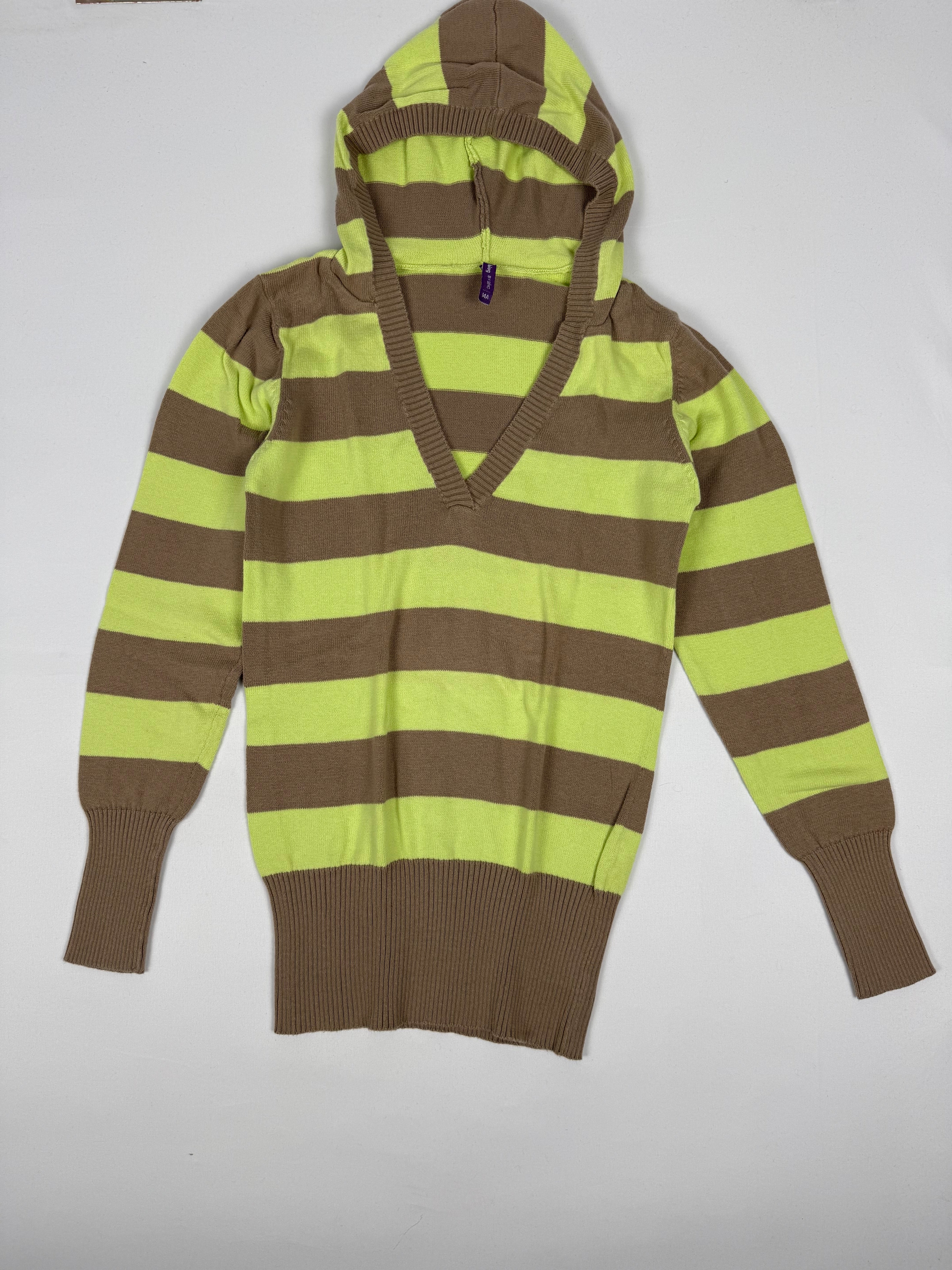 Brown & green striped hooded jumper (S)