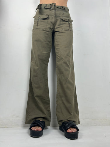 Khaki linen belt baggy pants (S)