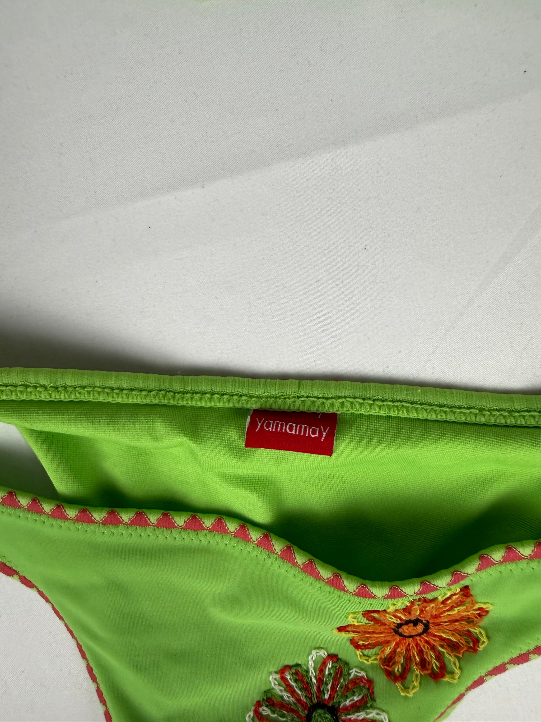Green embroidered low rise bikini set (M)