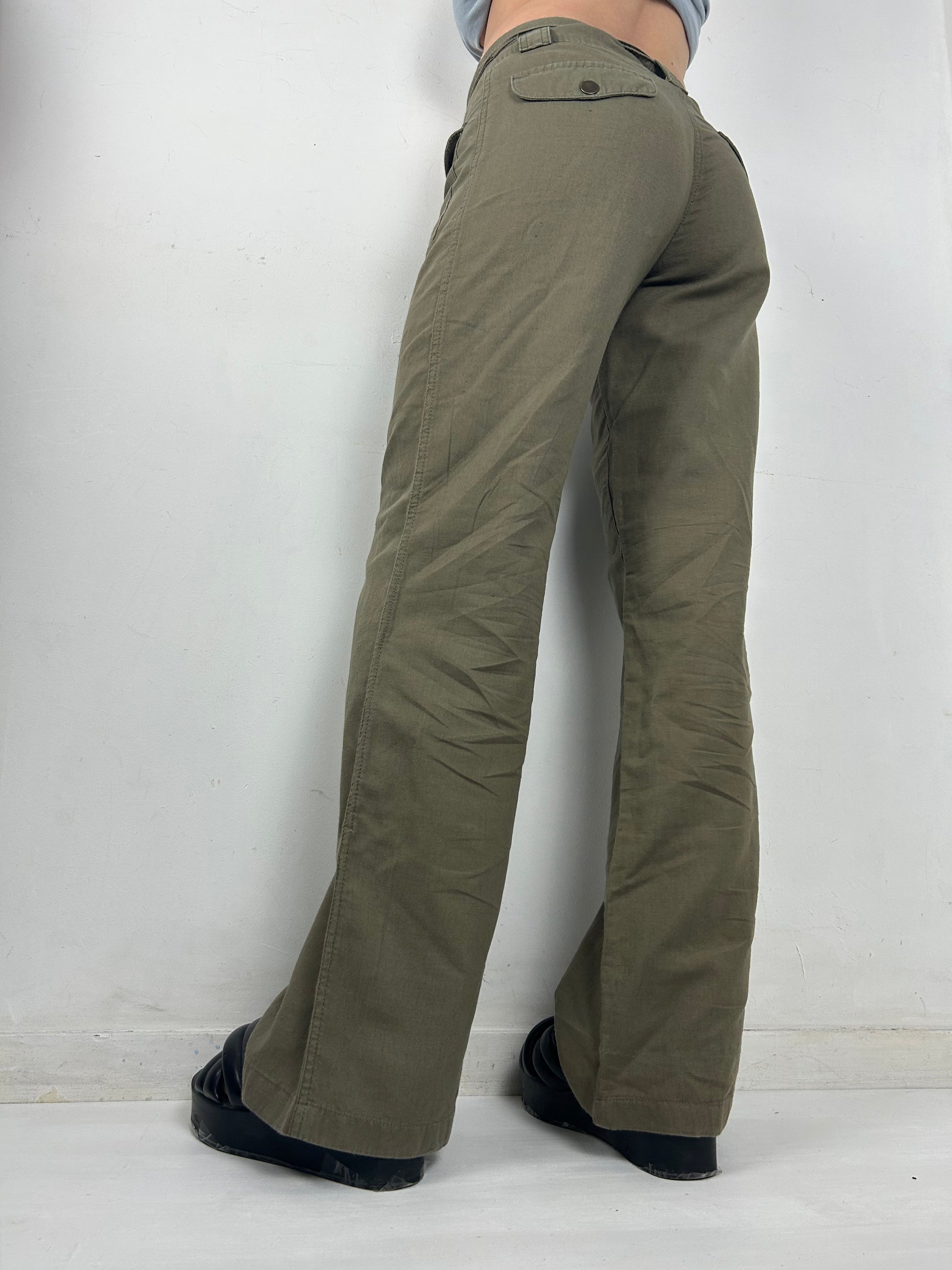 Khaki linen belt baggy pants (S)