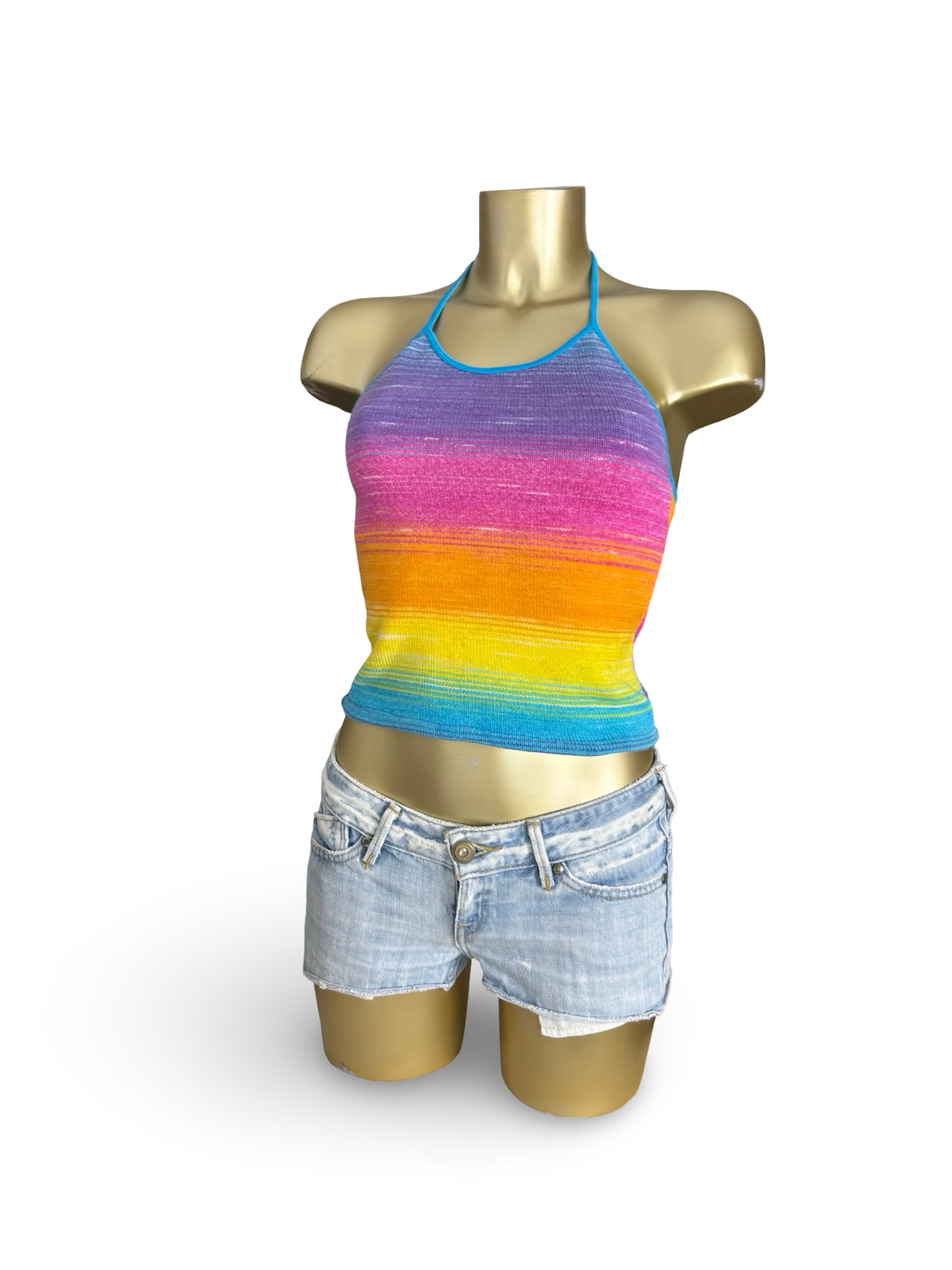 Multicolor knitted backless halter top (S)