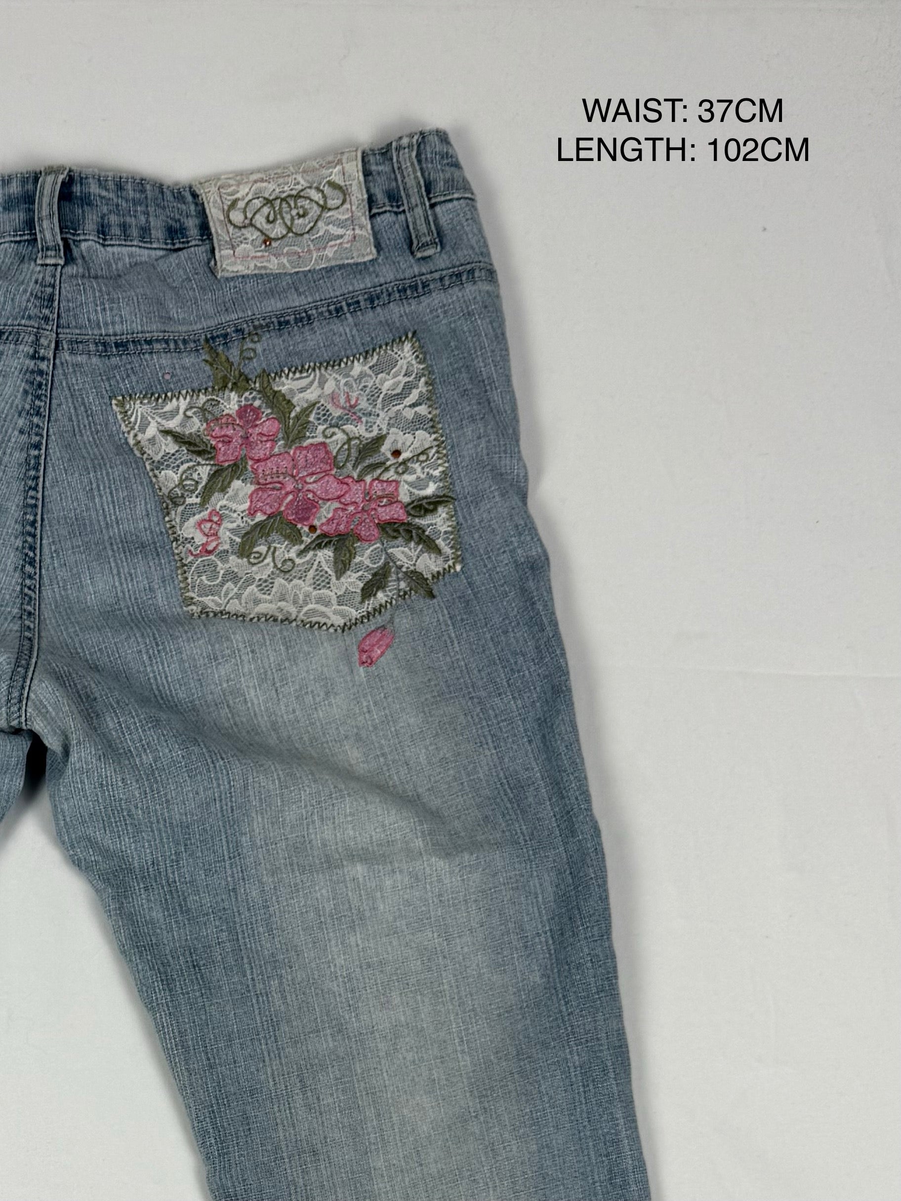 Blue denim low rise embroidered flared pants (S/M)