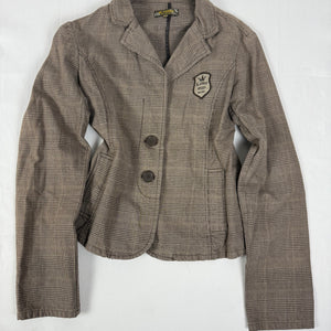Brown check print tight fit blazer jacket (L)