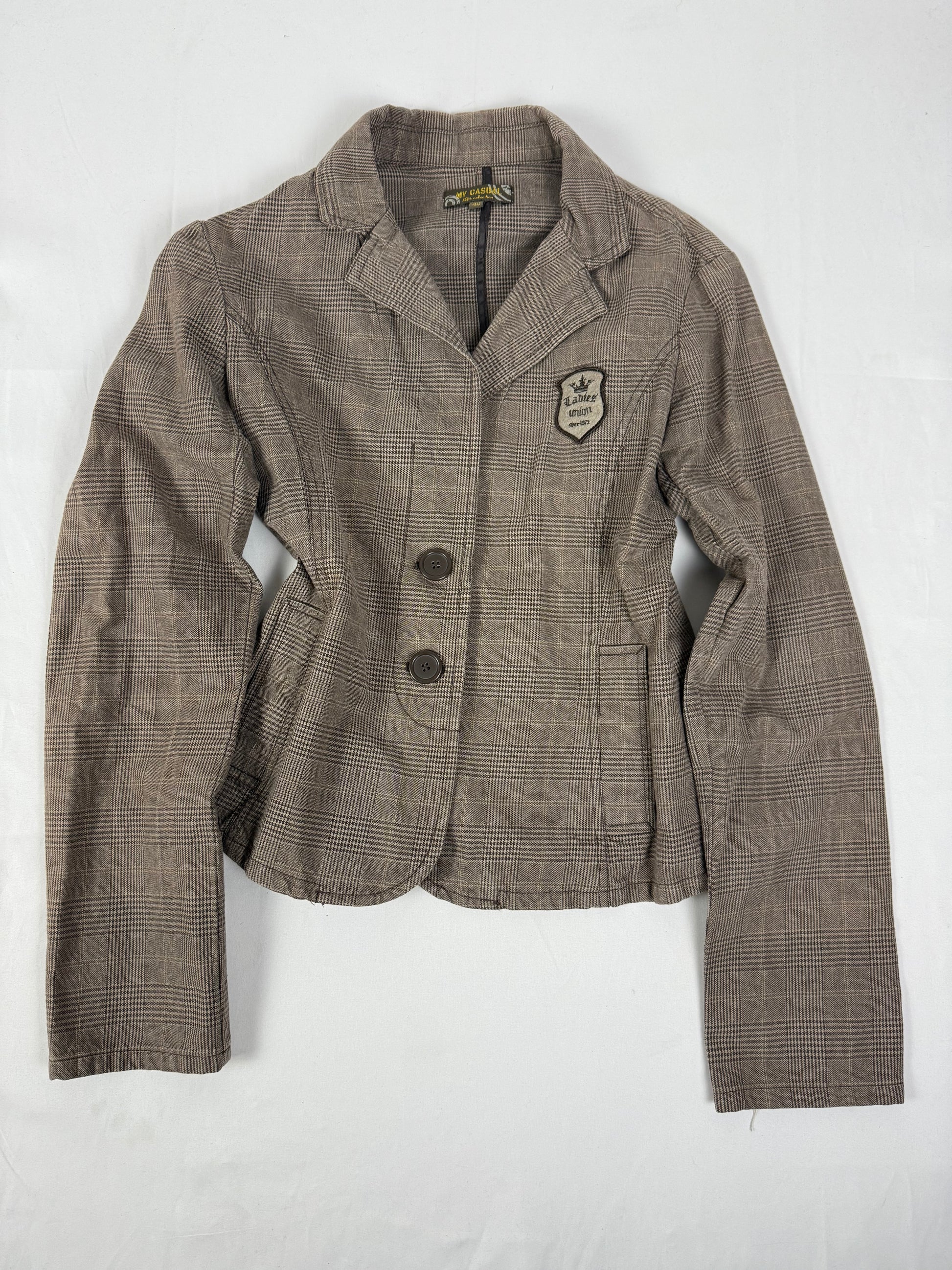 Brown check print tight fit blazer jacket (L)