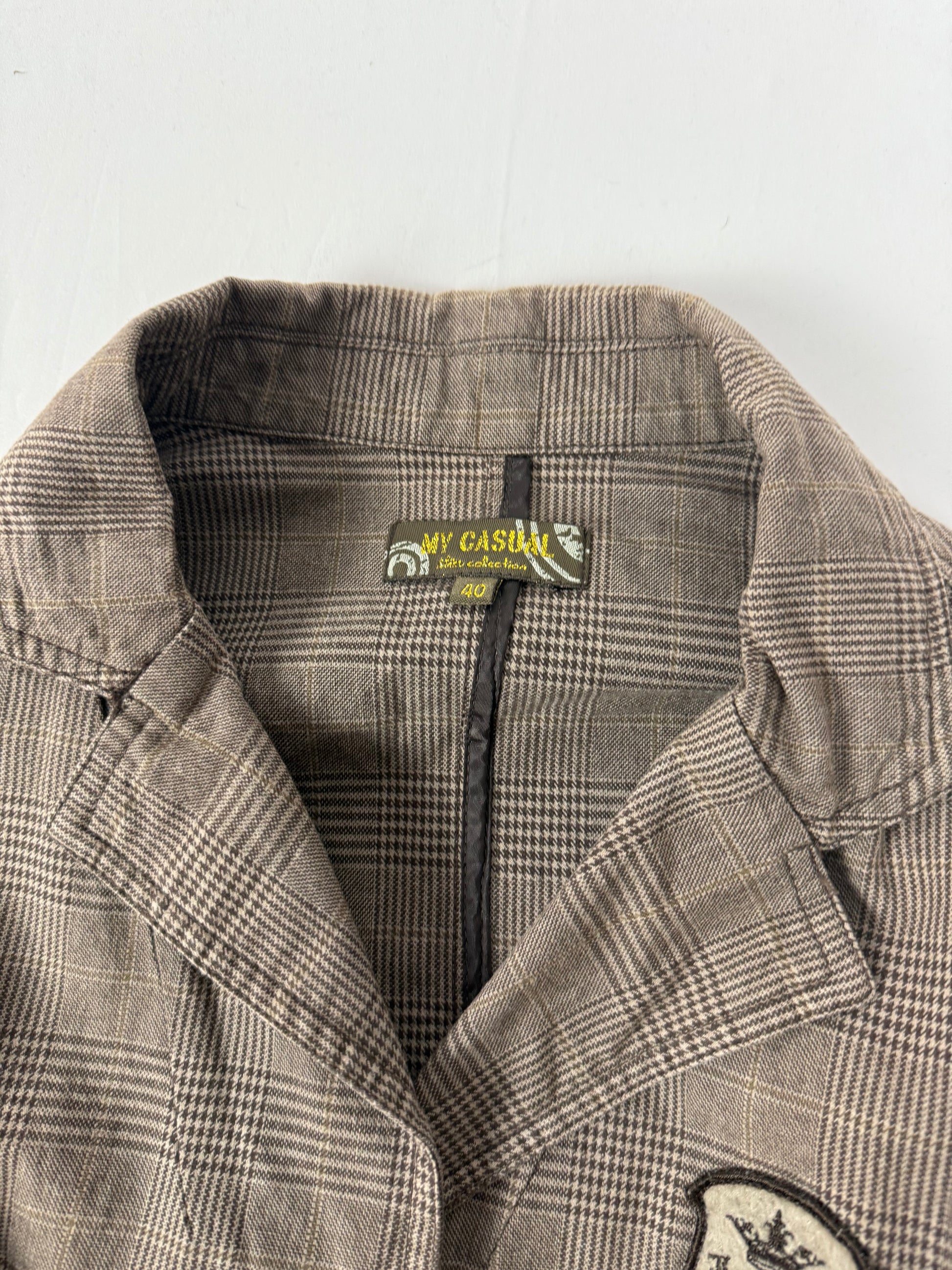 Brown check print tight fit blazer jacket (L)