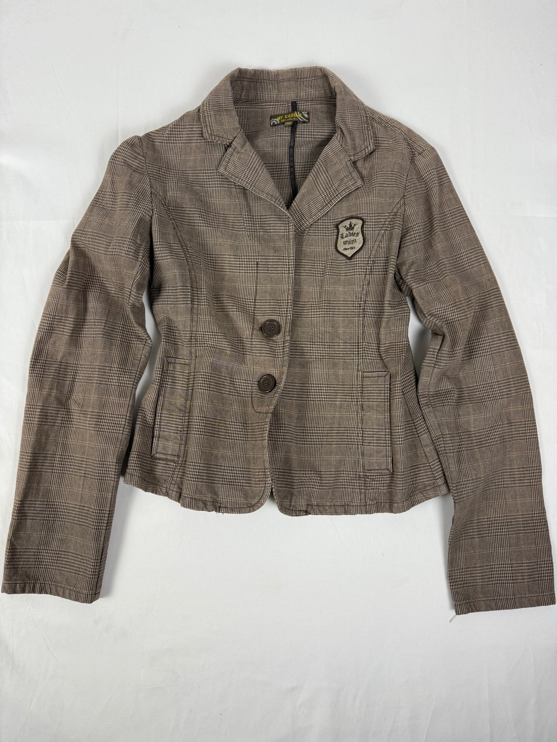 Brown check print tight fit blazer jacket (L)