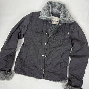 Black faux fur neck zip up tight fit biker jacket (S)