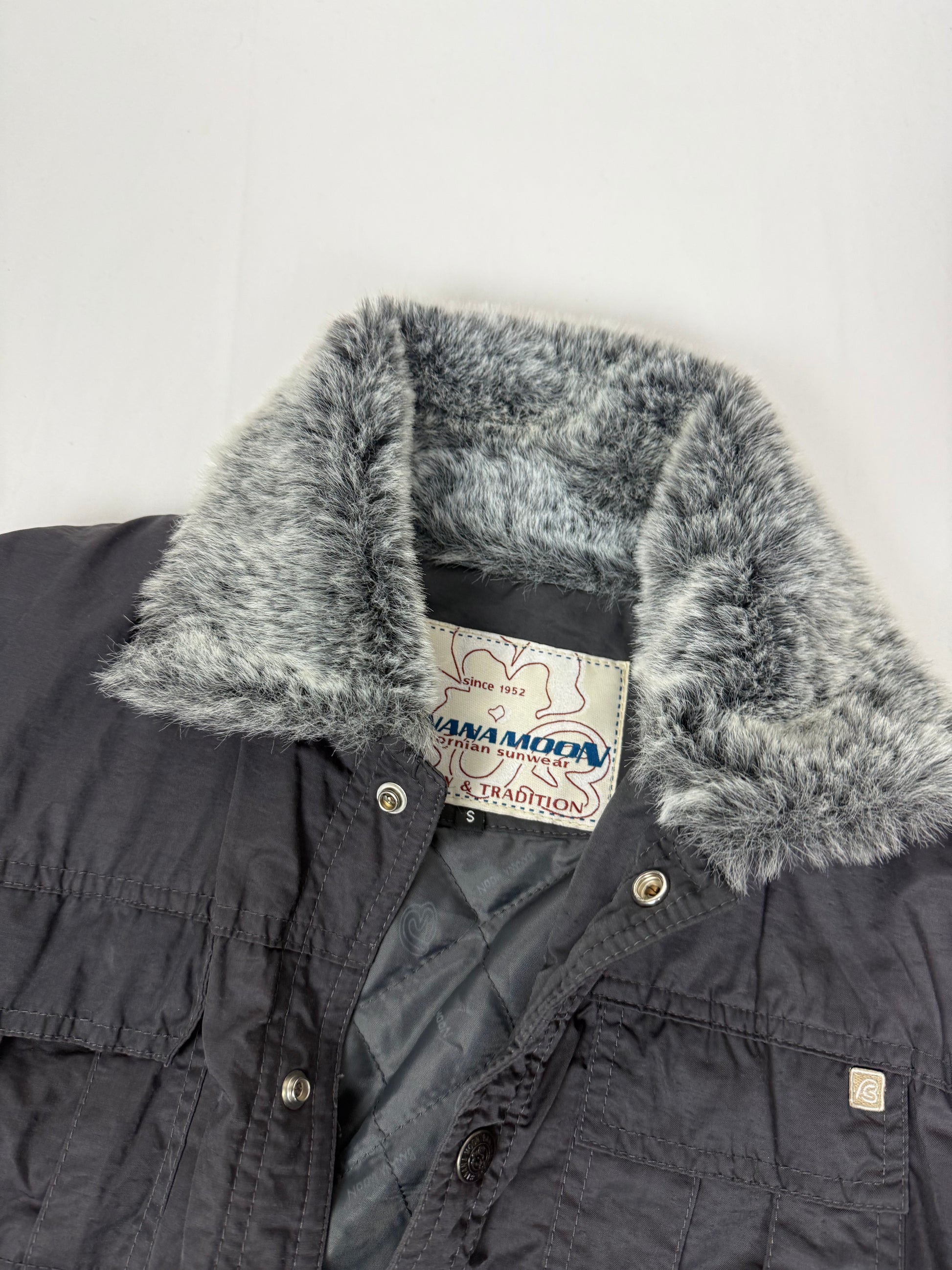 Black faux fur neck zip up tight fit biker jacket (S)