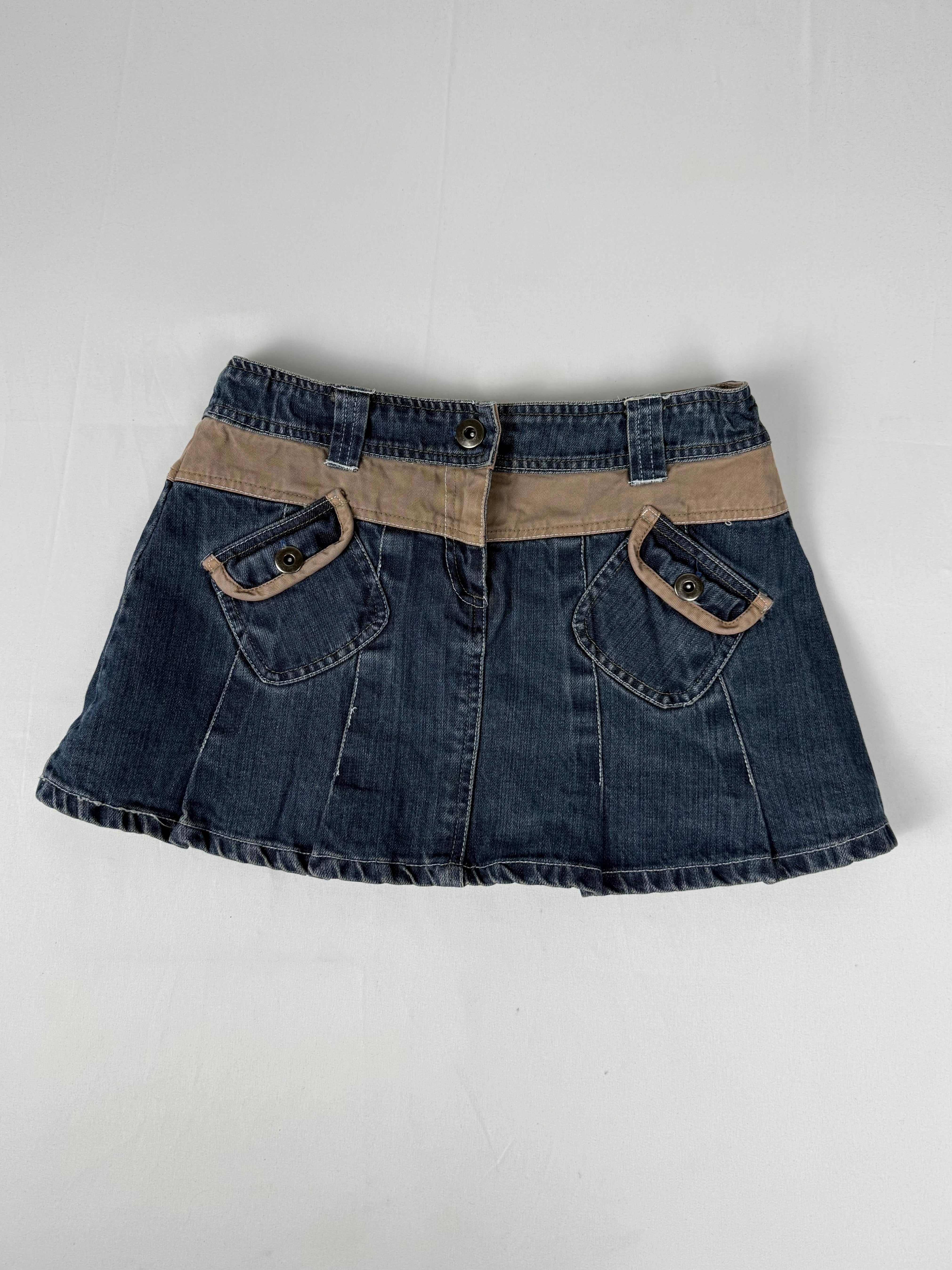 Blue denim low rise pleated mini skirt (XS)