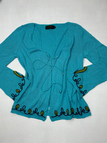 Tie up blue cardigan jumper with embroidered floral print (S/M)